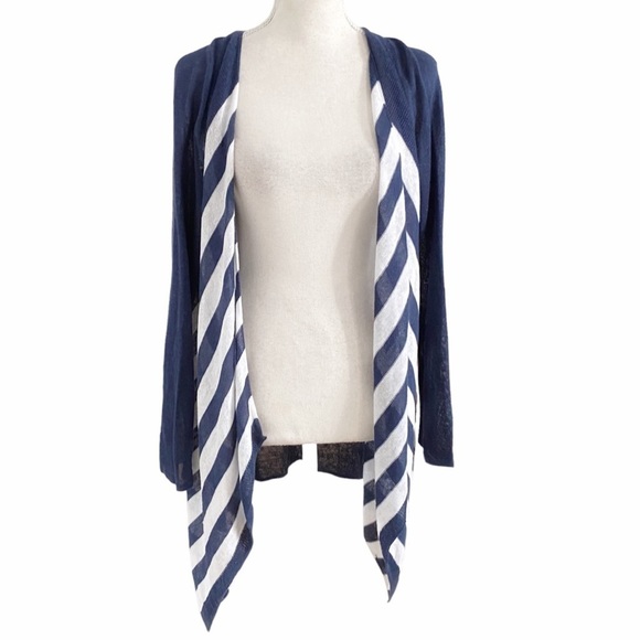J JILL LINEN BLEND WHITE NAVY STRIPED NAUTICAL COASTAL CARDIGAN - M - Picture 1 of 9